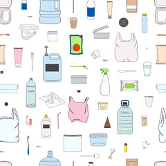 Seamless pattern of colorful garbage. Recycle concept.