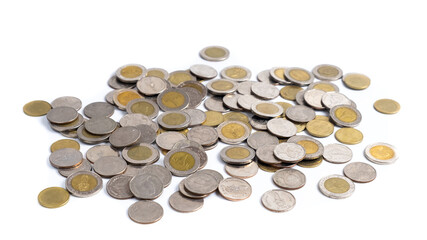 A collection of Thai  baht coins on a white background. This coin is denominated in Thai baht.