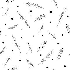 Floral Seamless pattern texture with black berries, twigs and sprigs.