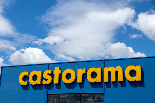 Wroclaw, Poland-July 2020: Logo of the Castorama store chain on the facade of the sales hall