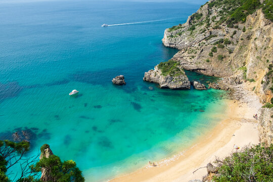 High angle shot of the Ribeira do Cavalo beach in Sesimbra, Portugal.