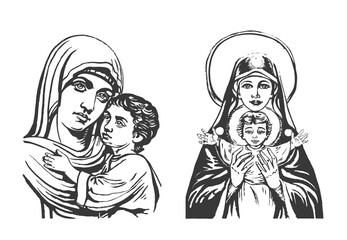 Set graphic sketches of Madonna and Child. Blessed Virgin Mary with Baby Jesus. Vector - obrazy, fototapety, plakaty