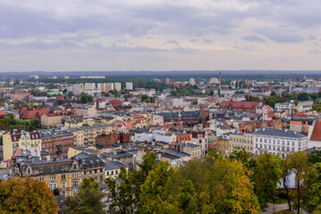 Fototapeta na wymiar Sightseeing of Poland. Cityscape of Grudziadz, aerial view of the historic center