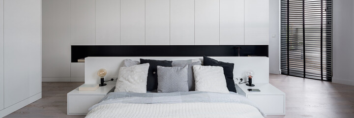 Modern and elegant bedroom, panorama