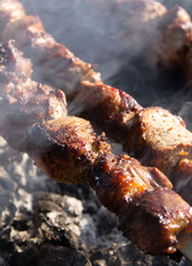 pork kebab / shashlik on a skewer on the grill in the smoke