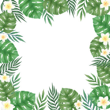 Watercolor Illustration with hand drawn floral frame from monstera leaves and palm branches isolated on white background. Tropical design for invitation, poster, card, print