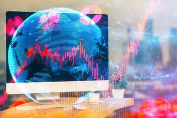 Multi exposure of business theme icons and table with computer background. Concept of success.