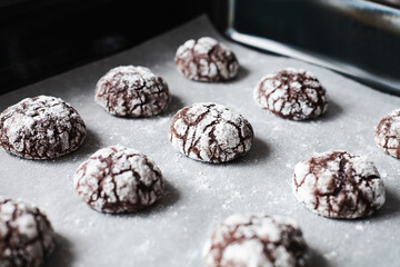 Chocolate cookies with powdered sugar on baking tray. Close-up.