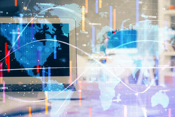 Multi exposure of business theme icons and table with computer background. Concept of success.