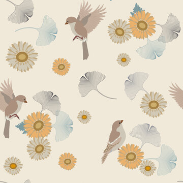 Seamless vector illustration with gerberas, gingo biloba leaves and birds on a beige background.