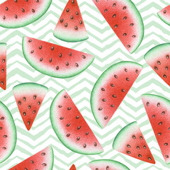 Watercolor seamless pattern with hand drawn watermelons isolated on geometric background. Fruit illustration for print, card, invitation, wallpaper,  home decor, fabric