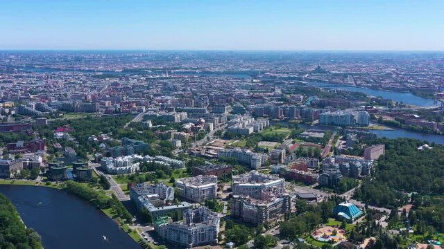 Saint-Petersburg City Skyline on Sunny Summer Day. Aerial View. Russia. Drone Flies Sideways, Tilt Up