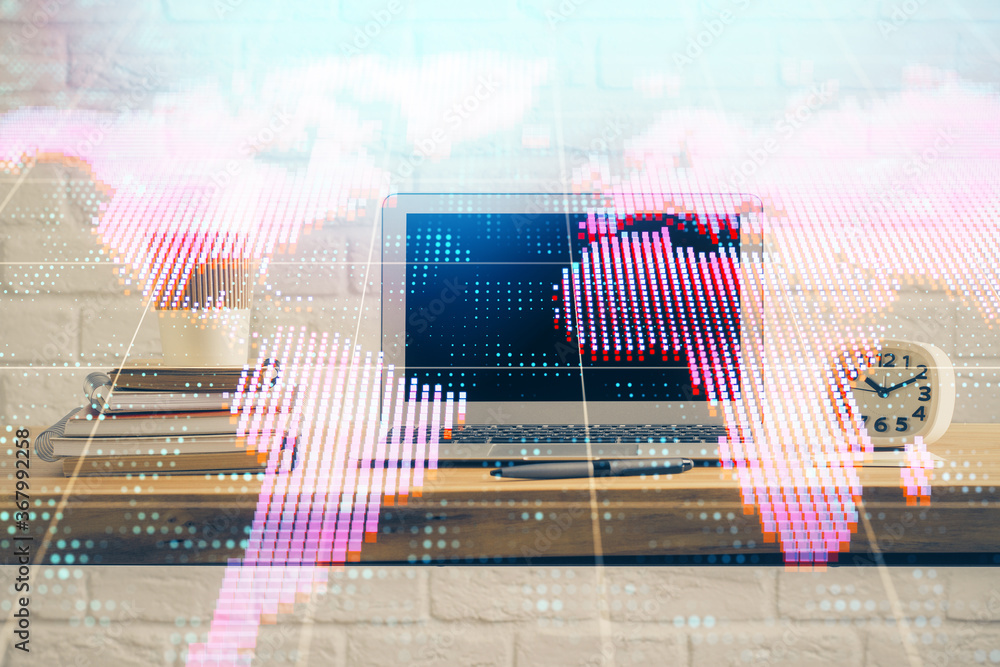 Poster multi exposure of business theme icons and table with computer background. concept of success.