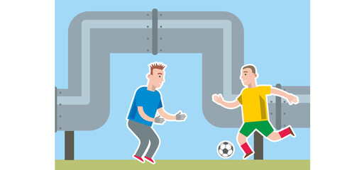 A child plays in the street near the pipes of the heating main. Child safety: do not play near pipes, stay near pipe connections. Vector illustration. Flat infographics