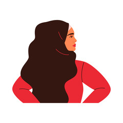 Young Arabian woman is standing in profile. Muslim girl is wearing black hijab. Vector illustration in flat style