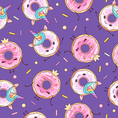 Naklejka premium Seamless pattern with funny kawaii sweet donuts like unicorn. Cartoon background. Vector illustration