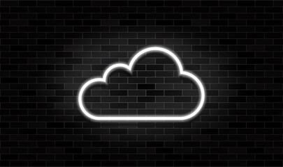 Cloud neon sign on the black brick wall background. Glowing white cloud in the dark signs. Retro neon sign. Vector Illustration.