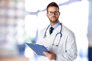 Male doctor standing on the hospital foyer while holding clipboard in his hand