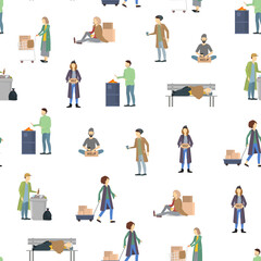 Cartoon Characters Homeless People Seamless Pattern Background. Vector