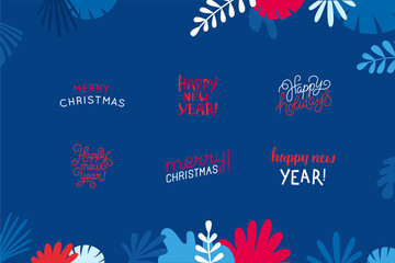 Obraz na płótnie Canvas Vector set of design elements - Happy New year and Merry Christmas hand-lettering phrases for greeting cards, banners and prints
