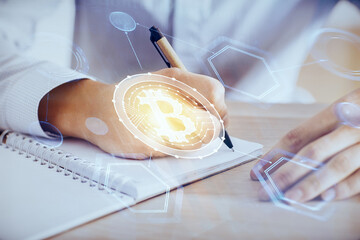 Businessman with hands background. Crypto currency concept.