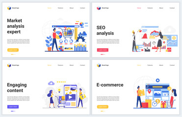 Seo technology, market expert analysis vector illustrations. Creative modern concept web page banner set, flat digital design with digital social marketing analyzing service for business projects
