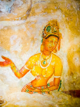 Sigiriya, Sri Lanka - April 30, 2009: The fresco on the rock