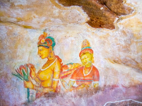 Sigiriya, Sri Lanka - April 30, 2009: The fresco on the rock