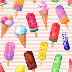 Watercolor hand drawn retro style multicolor ice cream seamless pattern.