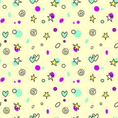 Seamless pattern of simple vector outline colorful elements stars hearts points circles rounds rings spirals. For greeting cards, wrapping paper, birthday, fabric