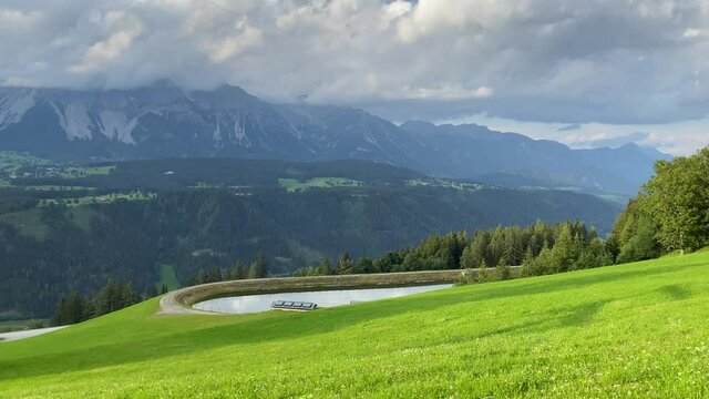 Dachstein mountain and summer valley views from Rohrmoos-Untertal, Austria. Rohrmoos-Untertal is a rural district known as a winter sports resort.