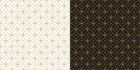 Japanese pattern set. Seven treasures in gold, black, white. Seamless geometric shippou circles with small dots for wallpaper, tablecloth, or other luxury paper or textile print.