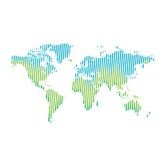 A map of the world in shades of green and blue with a line model.