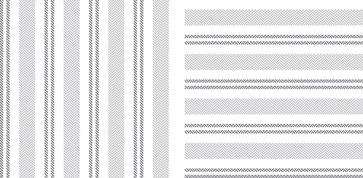 Stripe patters in grey and white. Geometric herringbone textured vertical and horizontal lines for dress, shirt, or other modern spring and summer textile print.
