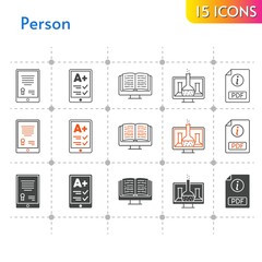 person icon set. included chemistry, tablet, ereader, ebook, pdf icons on white background. linear, bicolor, filled styles.