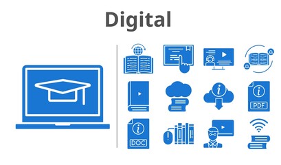 digital set. included book, learning, touchscreen, feedback, cloud library, books, teacher, student-laptop, ebook, pdf, instructor, doc, information icons. filled styles.