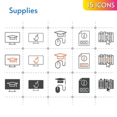 supplies icon set. included elearning, book, doc, student-desktop, microscope icons on white background. linear, bicolor, filled styles.