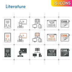 literature icon set. included exam, tablet, teacher, school, login, school (2) icons on white background. linear, bicolor, filled styles.