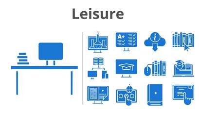 leisure set. included chemistry, ebook, desktop, books, test, school, book, touchscreen, information, training, student-desktop icons. filled styles.
