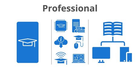 professional set. included student-smartphone, chip, professor, cap, online-learning, school, elearning, information icons. filled styles.