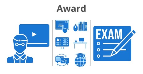 award set. included exam, teacher, books, desktop, test, homework, school, touchscreen icons. filled styles.
