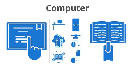 computer set. included cloud, feedback, student-smartphone, desktop, ebook, elearning, touchscreen, click icons. filled styles.