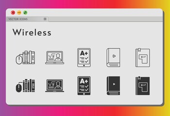 wireless icon set. included professor, ereader, books, ebook, enter icons on white background. linear, filled styles.