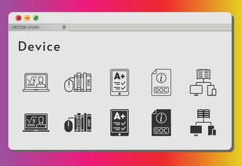 device icon set. included professor, ereader, books, school, doc, school (2) icons on white background. linear, filled styles.