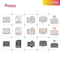 happy icon set. included student-laptop, ebook, test, book, doc, book (1) icons on white background. linear, bicolor, filled styles.