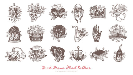 Big collection of floral bohemian logos and icons. Flower emblems and labels for fashion brends. Creative concepts and magic symbols. Vector hand drawn isolated skull, jellyfis, book, bone, Venus sign © alexrockheart