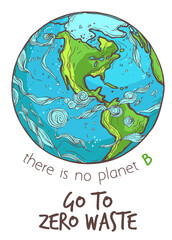 There is no planet B, go to zero waste ecological poster. Vector hand drawn doodle illustration for Earth Day, 22 April