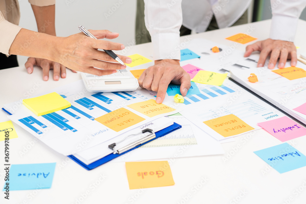 Poster creative group of business people brainstorming use sticky notes to share idea on table or table in 