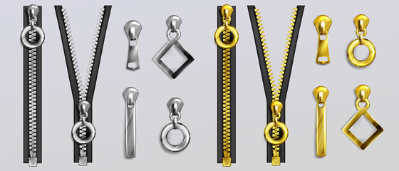Silver and gold zippers with different shapes pullers isolated on gray background. Vector realistic set of open and closed metal zip fasteners and sliders for clothes and accessories © klyaksun