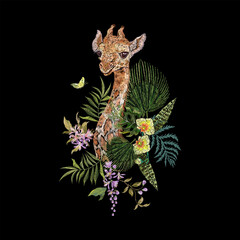 Embroidery with exotic floral pattern with butterflies, giraffe. and tropical flowers. Vector seamless embroidered pattern for fashion design. - 367998841